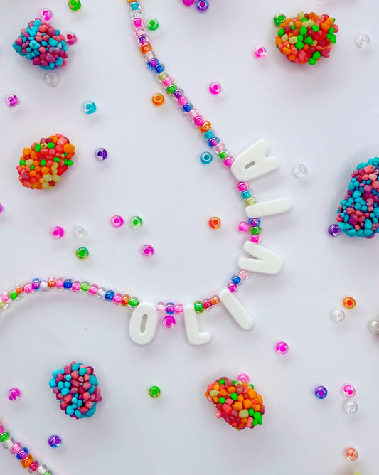 Custom Name Necklace – Rainbow Candy Beads + 3D Printed Bubble Letters