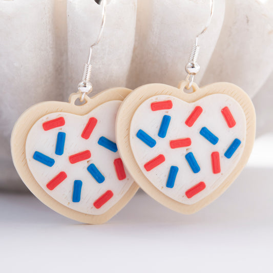 4th of July heart cookie earrings with frosting and sprinkles – festive holiday earrings
