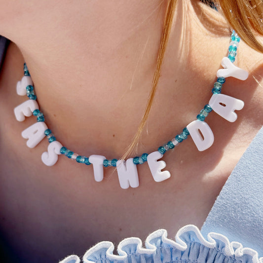 SEAS THE DAY custom beaded necklace with 3D letters and ocean-blue accents