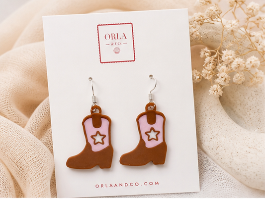 3D Printed Cowboy Boot Earrings – Brown & Pink