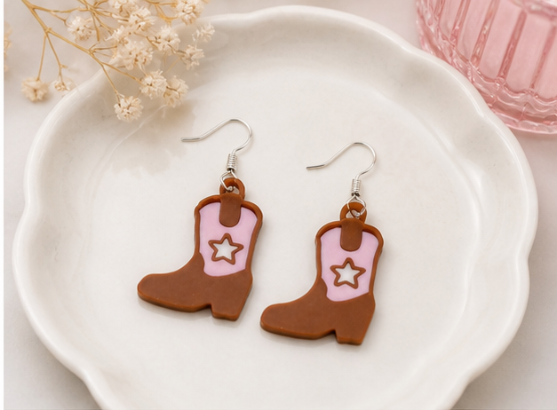 3D Printed Cowboy Boot Earrings – Brown & Pink
