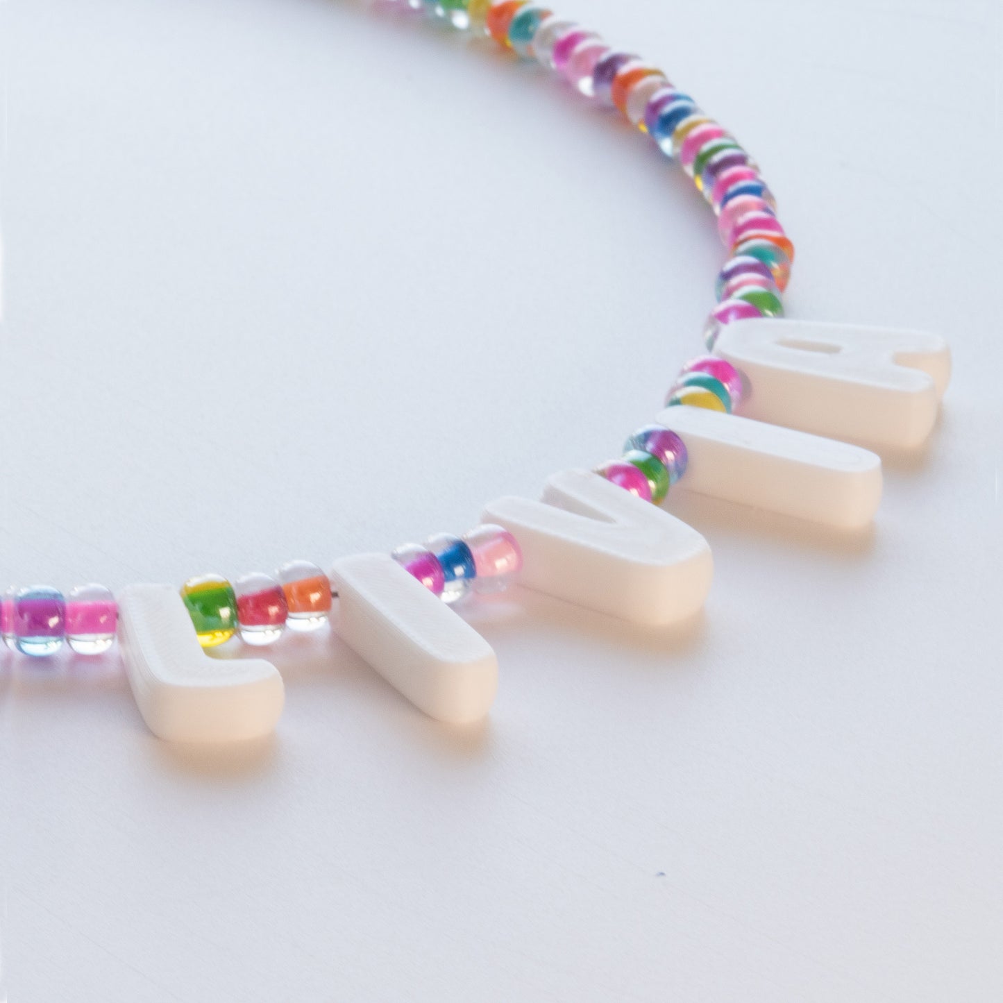 Custom Name Necklace – Rainbow Candy Beads + 3D Printed Bubble Letters