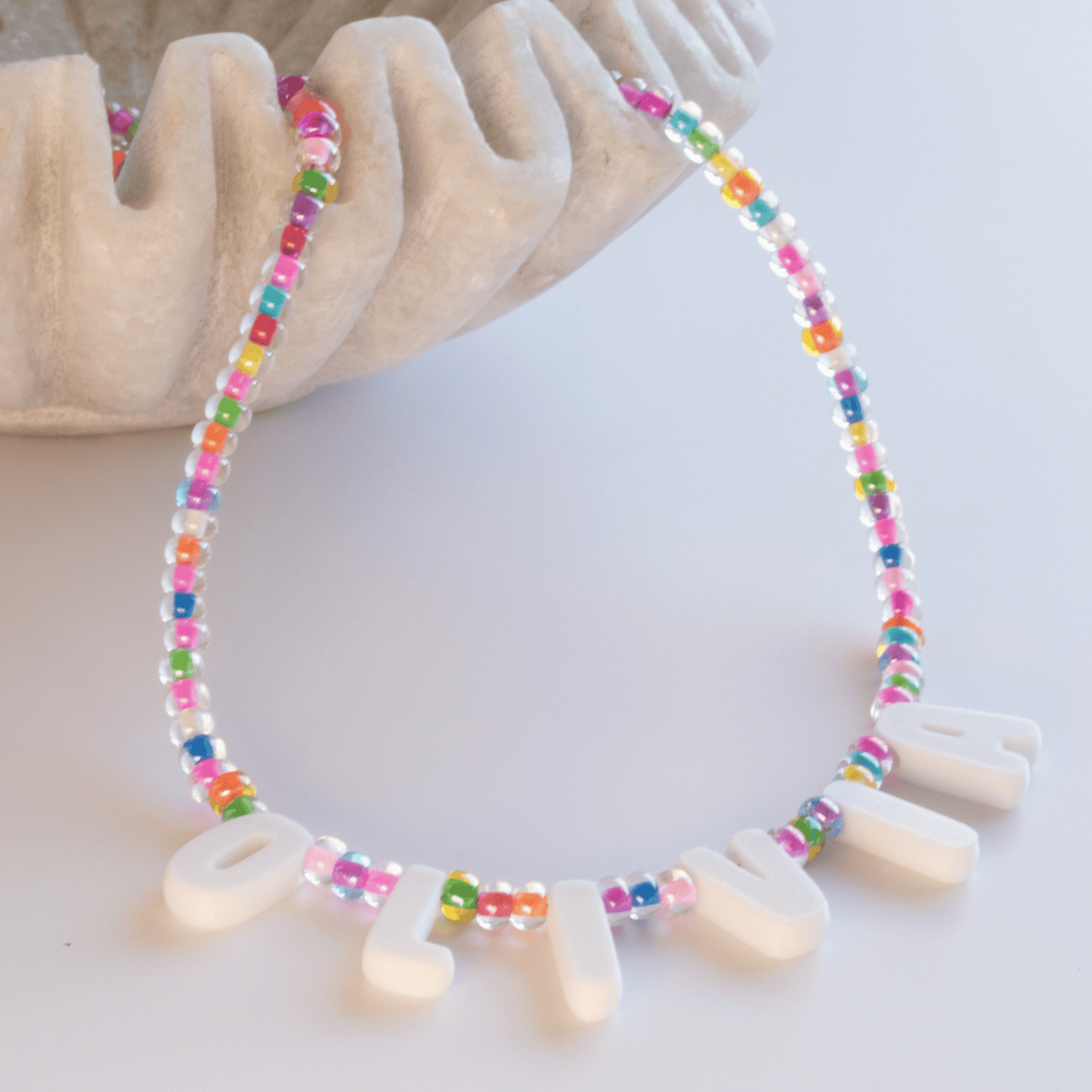 Custom Name Necklace – Rainbow Candy Beads + 3D Printed Bubble Letters