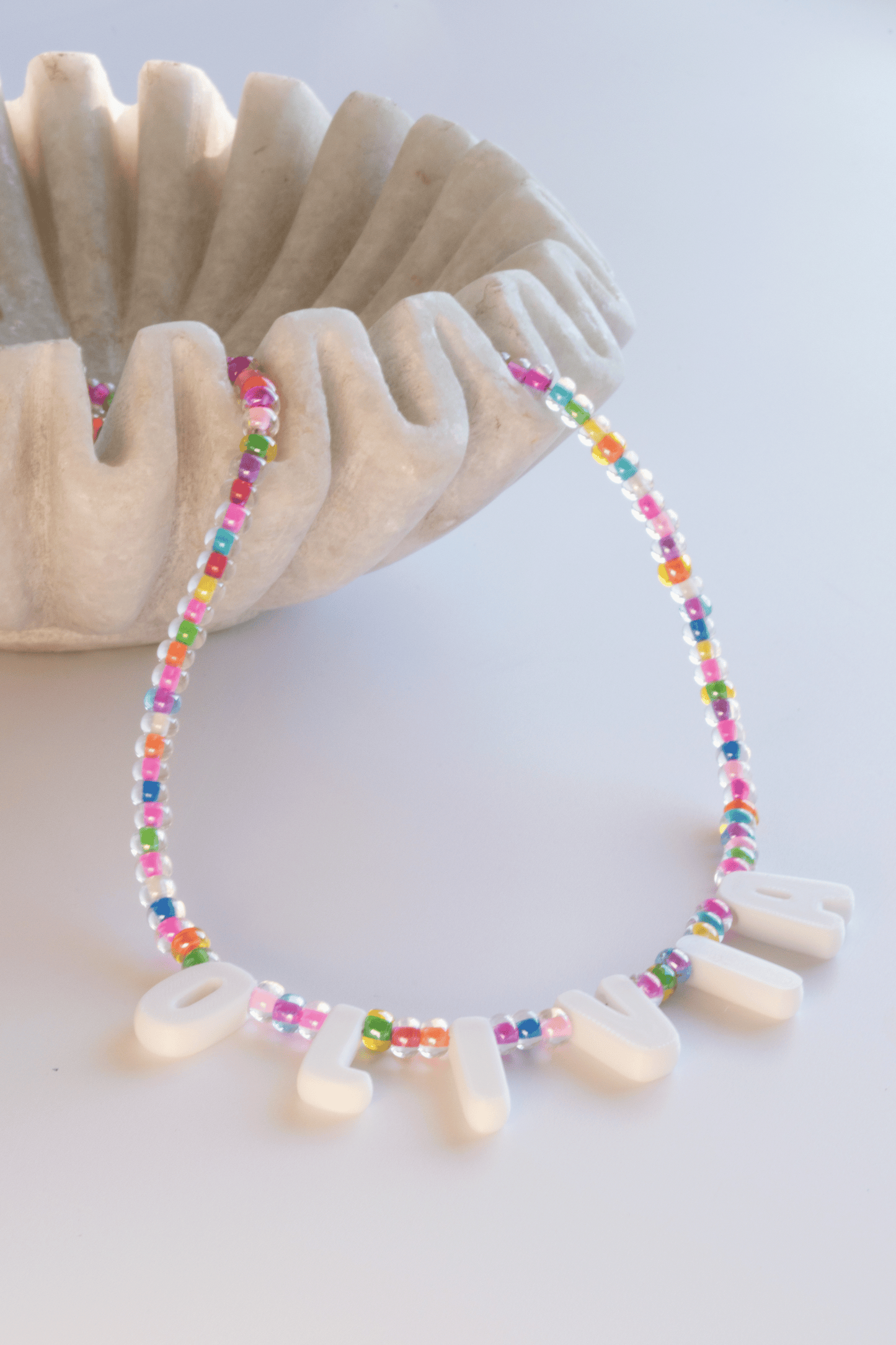 Custom Name Necklace – Rainbow Candy Beads + 3D Printed Bubble Letters