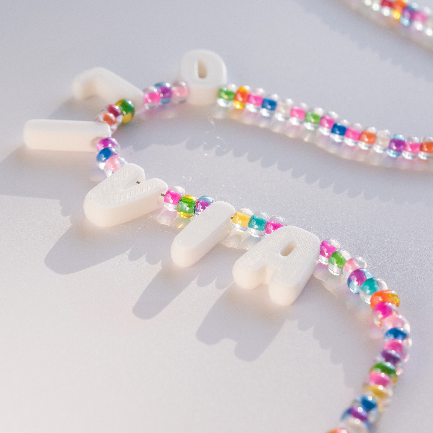 Custom Name Necklace – Rainbow Candy Beads + 3D Printed Bubble Letters