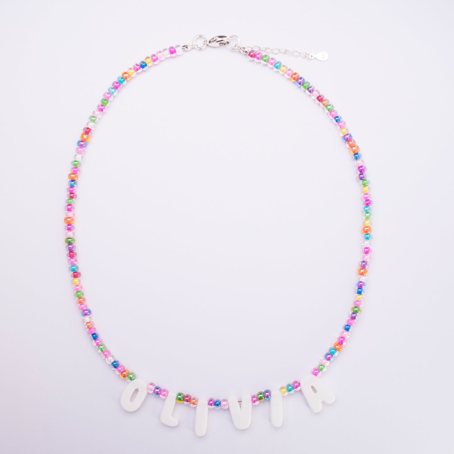 Custom Name Necklace – Rainbow Candy Beads + 3D Printed Bubble Letters
