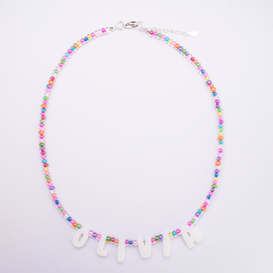 Custom Name Necklace – Rainbow Candy Beads + 3D Printed Bubble Letters
