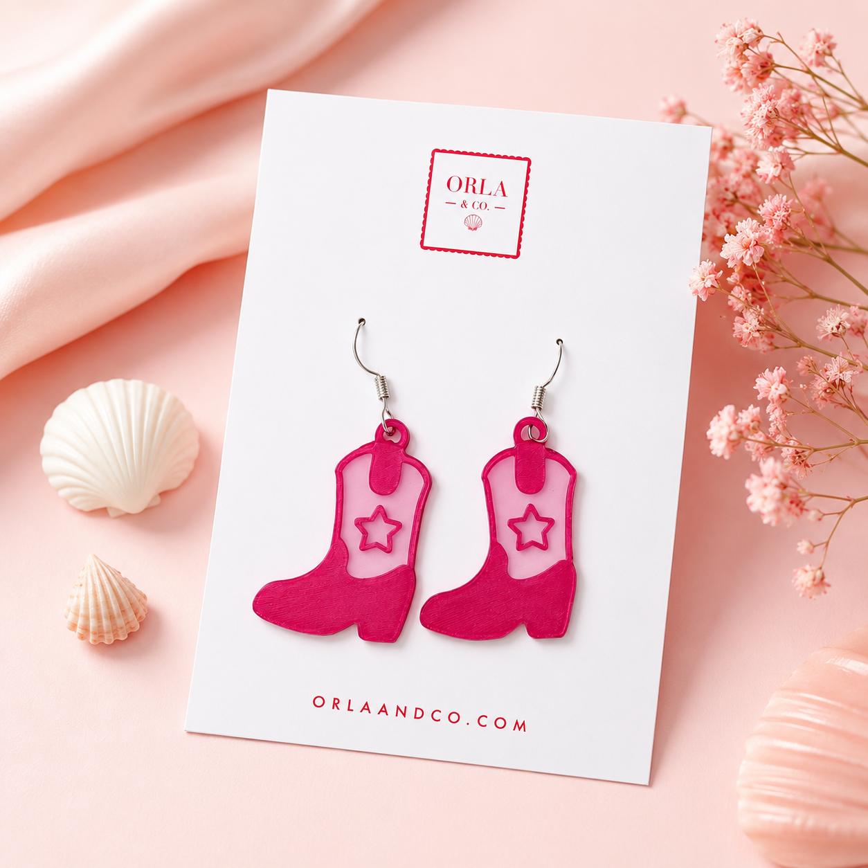 3D Printed Pink Cowboy Boot Earrings by Orla & Co — bold pink western-style earrings handmade in LA
