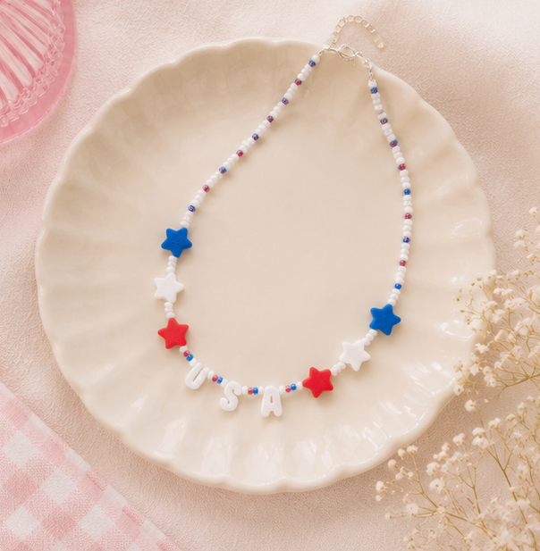 USA Stars Seed Bead Necklace | Red White & Blue | 4th of July | 3D Printed