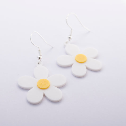 White daisy flower earrings with yellow center – 3D printed jewelry by Orla & Co